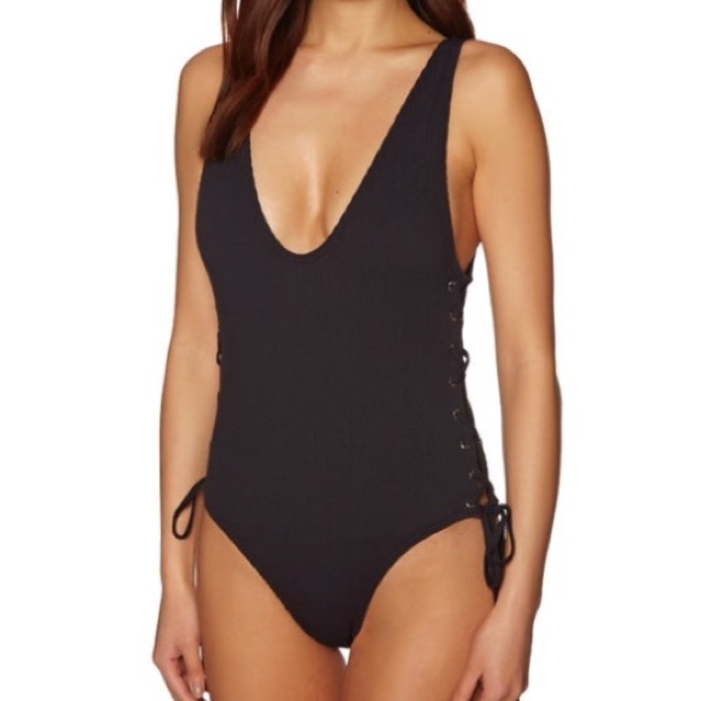 Black one piece lace-up sides swimsuit